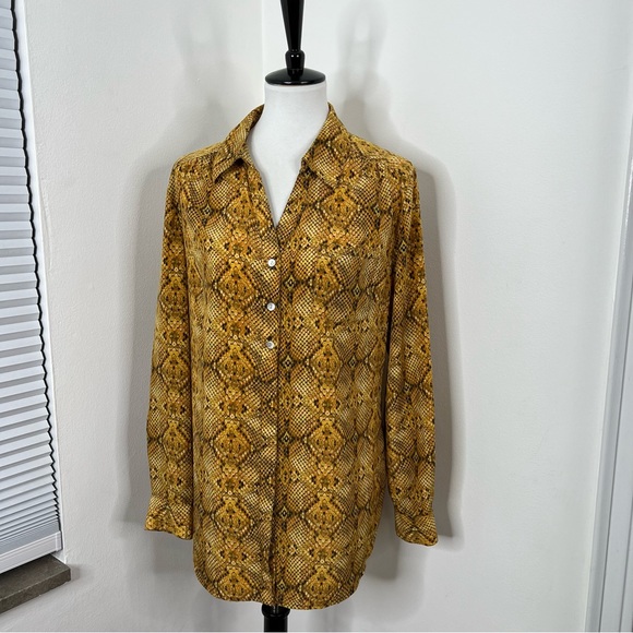 Style & Co | Mustard Yellow Snake Snakeskin Print Long Sleeve Button Up Blouse - Picture 6 of 8